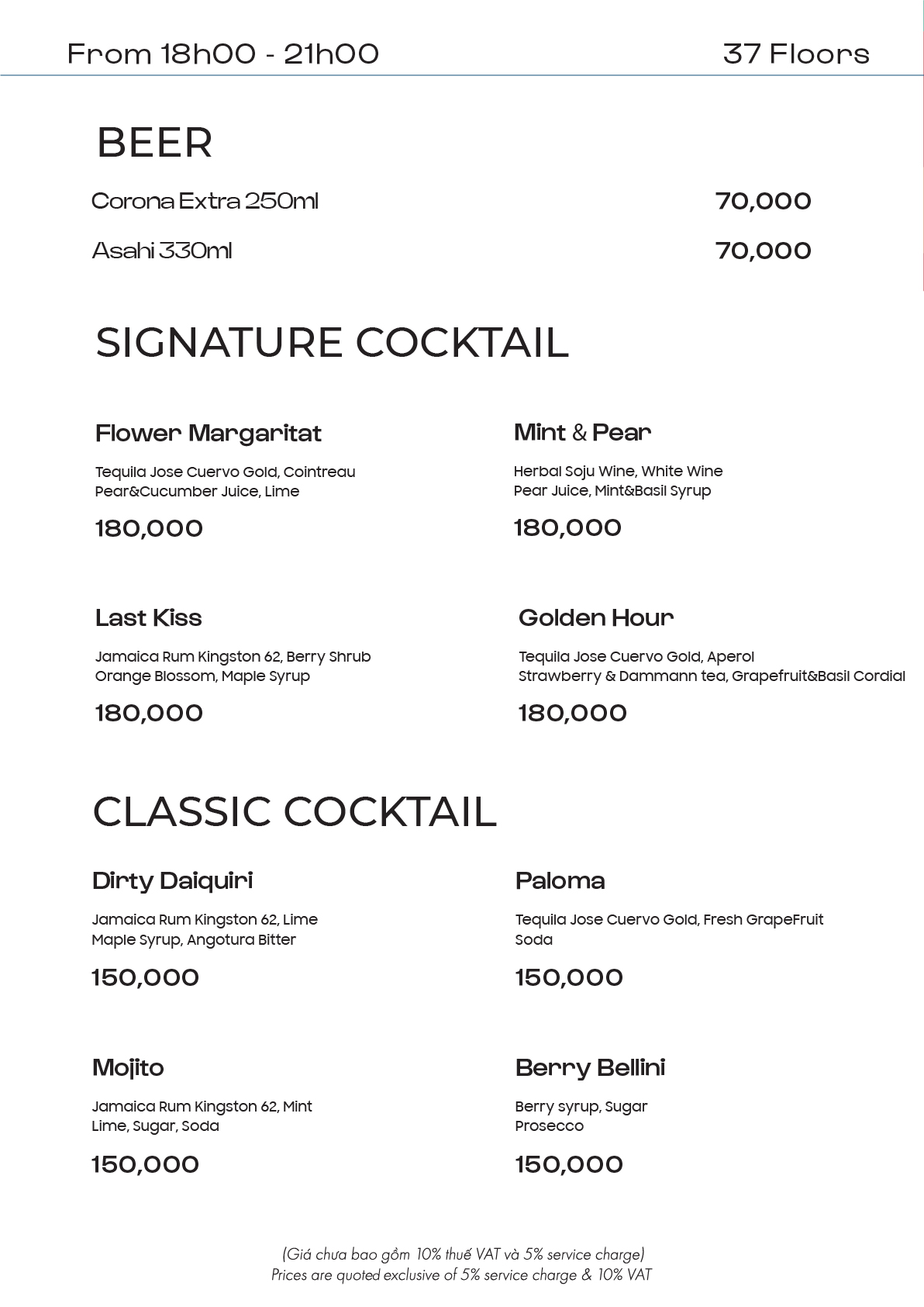 Đồ uống dinner Menu