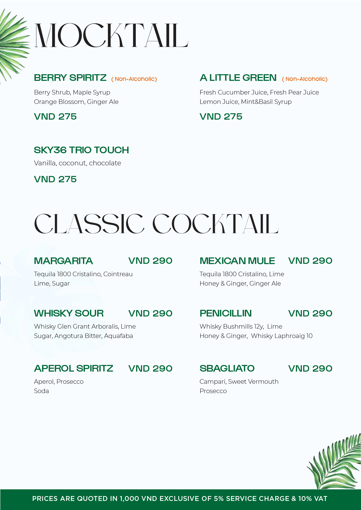 menu Sky36 - Đồ uống
